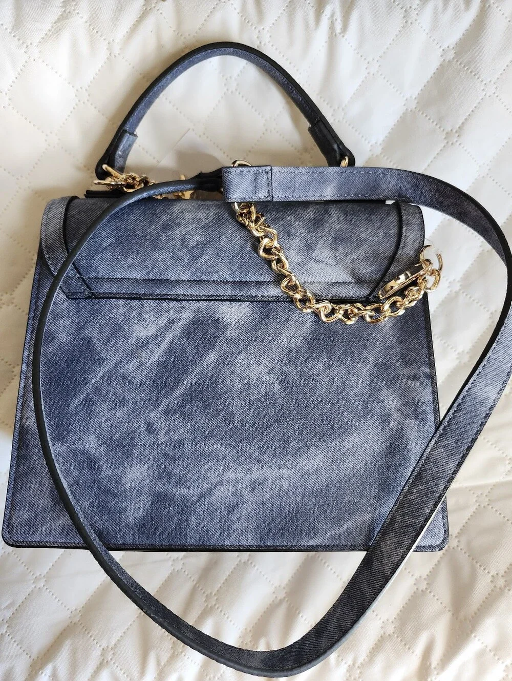 ALDO Pattern Blue Top-Handle Satchel with Gold Hardware